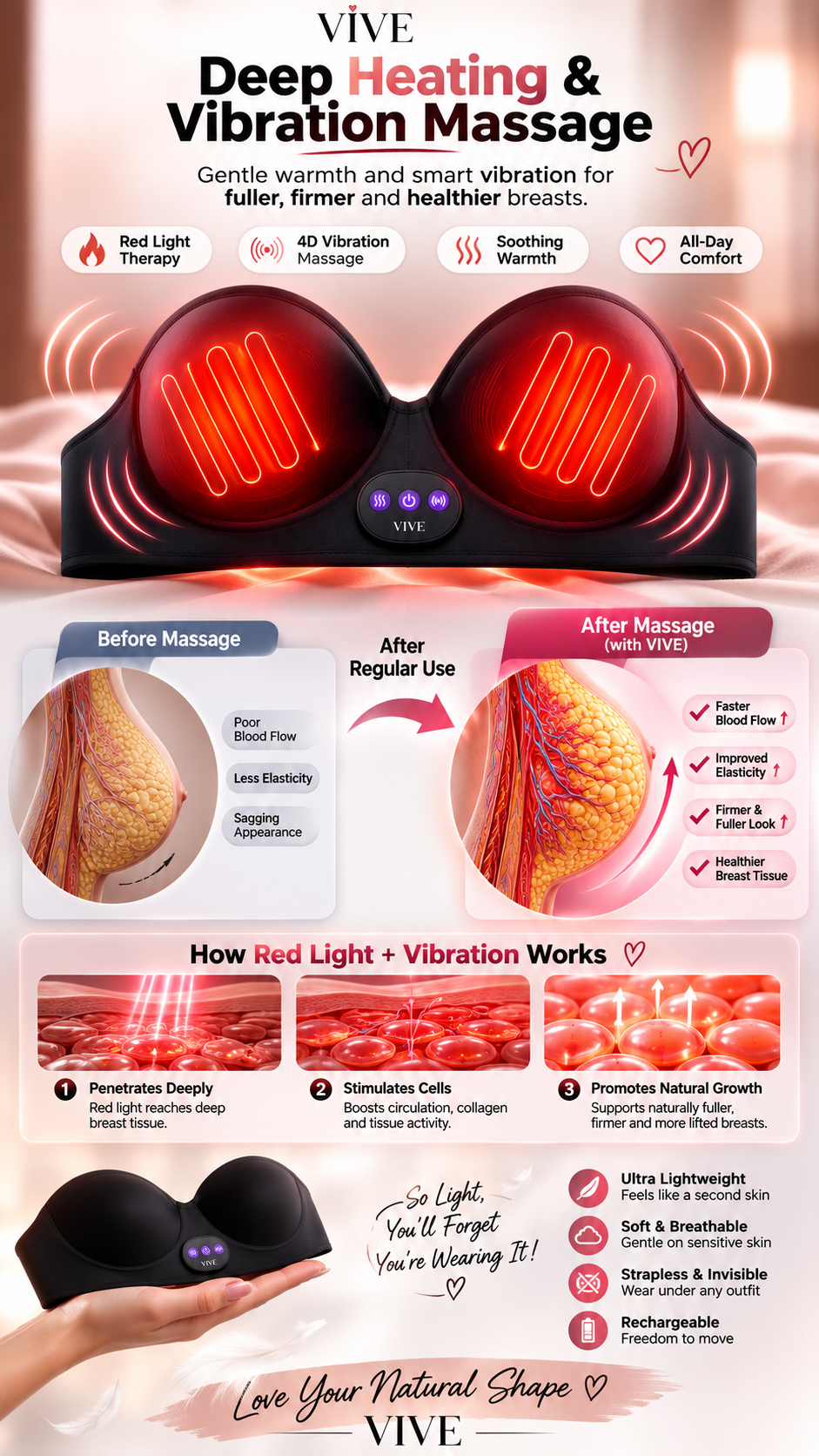 Red Light Therapy Breast Lifting & Firming Massage Bra | Infrared Heating Chest Enhancer - Lift Sagging Breasts, Boost Circulation, Natural Firmness & Fuller Look