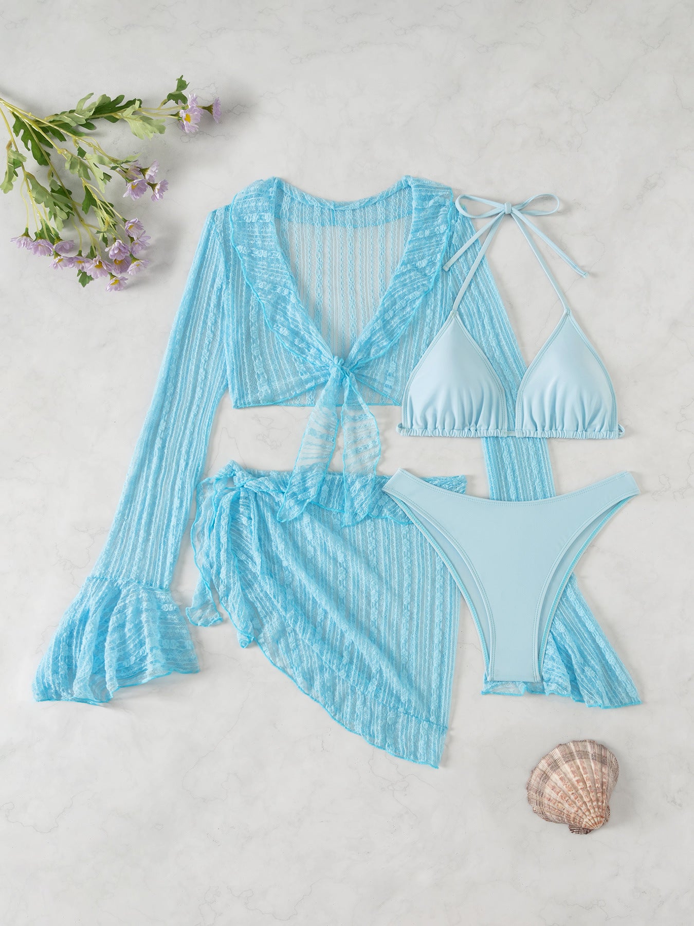 Vierteiliges Strand-Set für Damen mit Mesh-Überwurf
