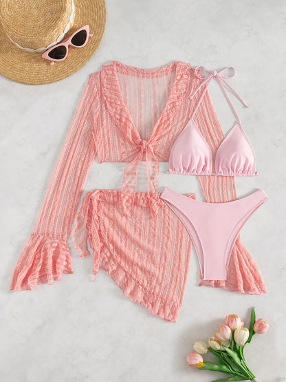 Vierteiliges Strand-Set für Damen mit Mesh-Überwurf