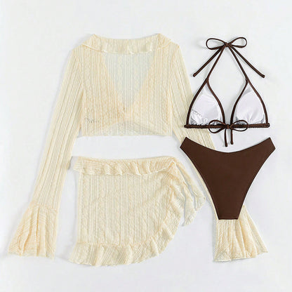 Vierteiliges Strand-Set für Damen mit Mesh-Überwurf