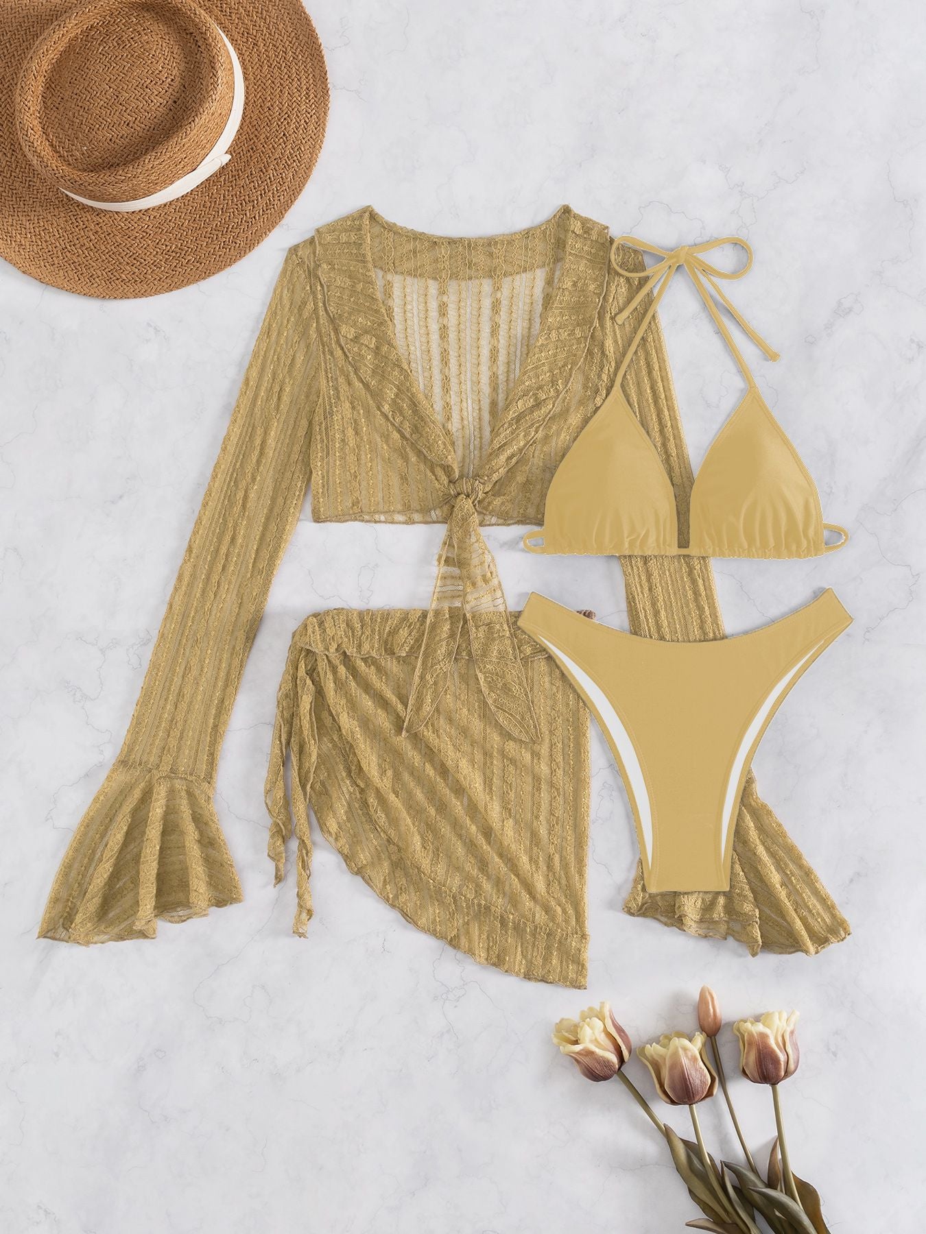 Vierteiliges Strand-Set für Damen mit Mesh-Überwurf
