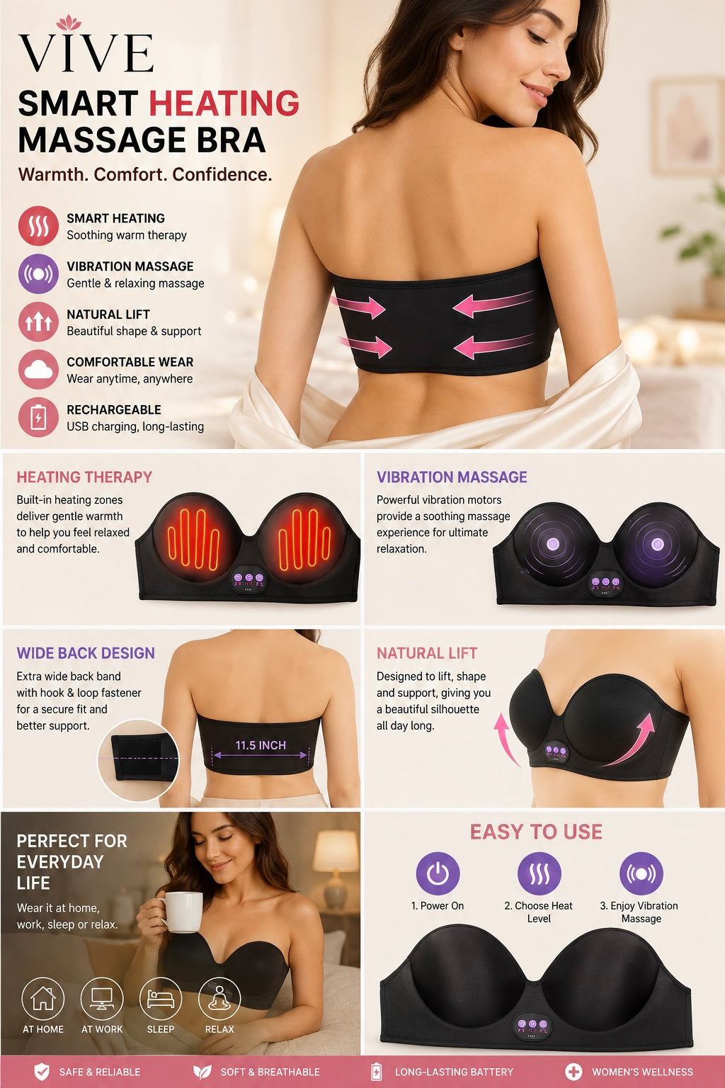 Red Light Therapy Breast Lifting & Firming Massage Bra | Infrared Heating Chest Enhancer - Lift Sagging Breasts, Boost Circulation, Natural Firmness & Fuller Look